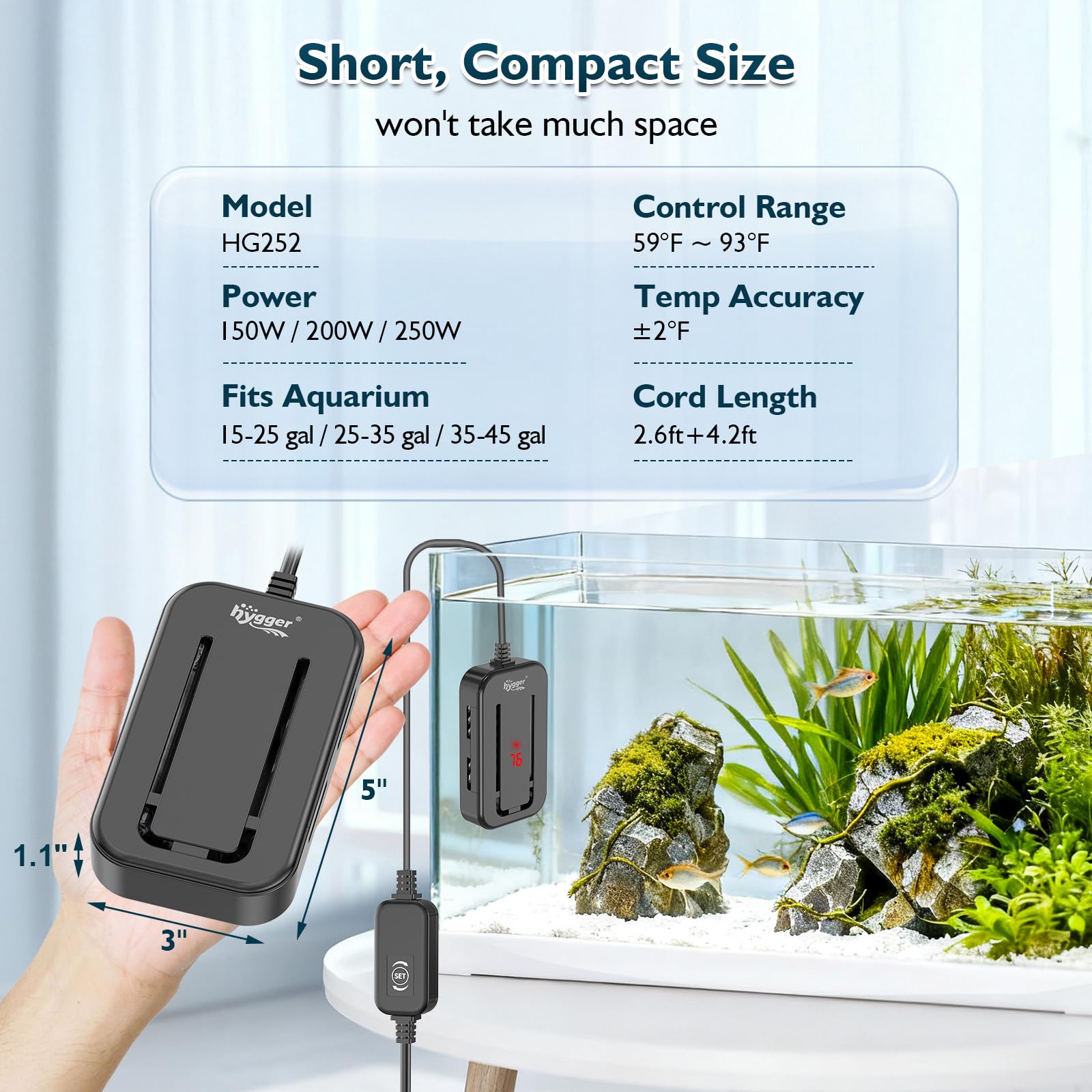 Hygger 15-25gal aquarium setup highlights compact heater within the tank.