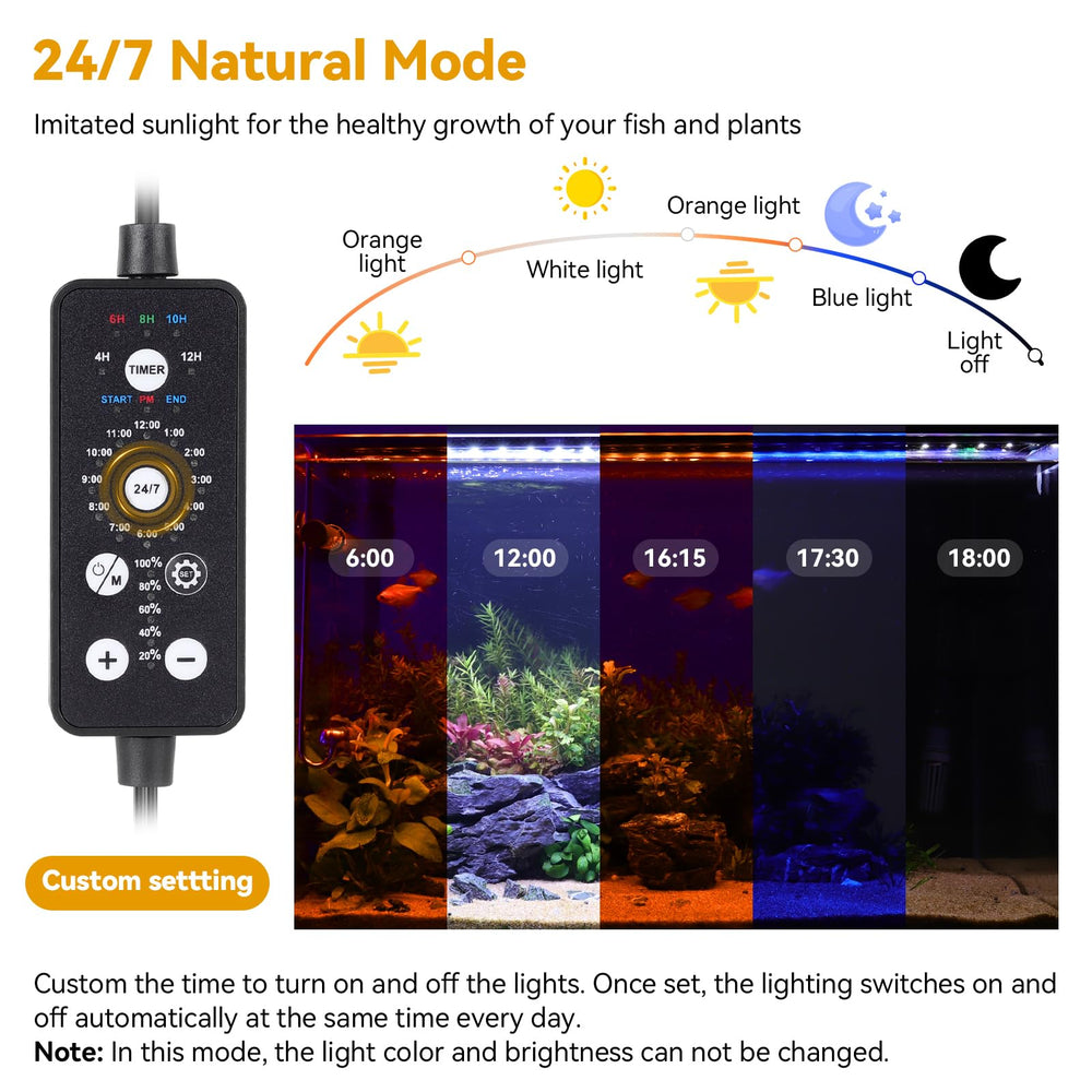 Hygger 18W LED light in DIY mode with timer and color options.
