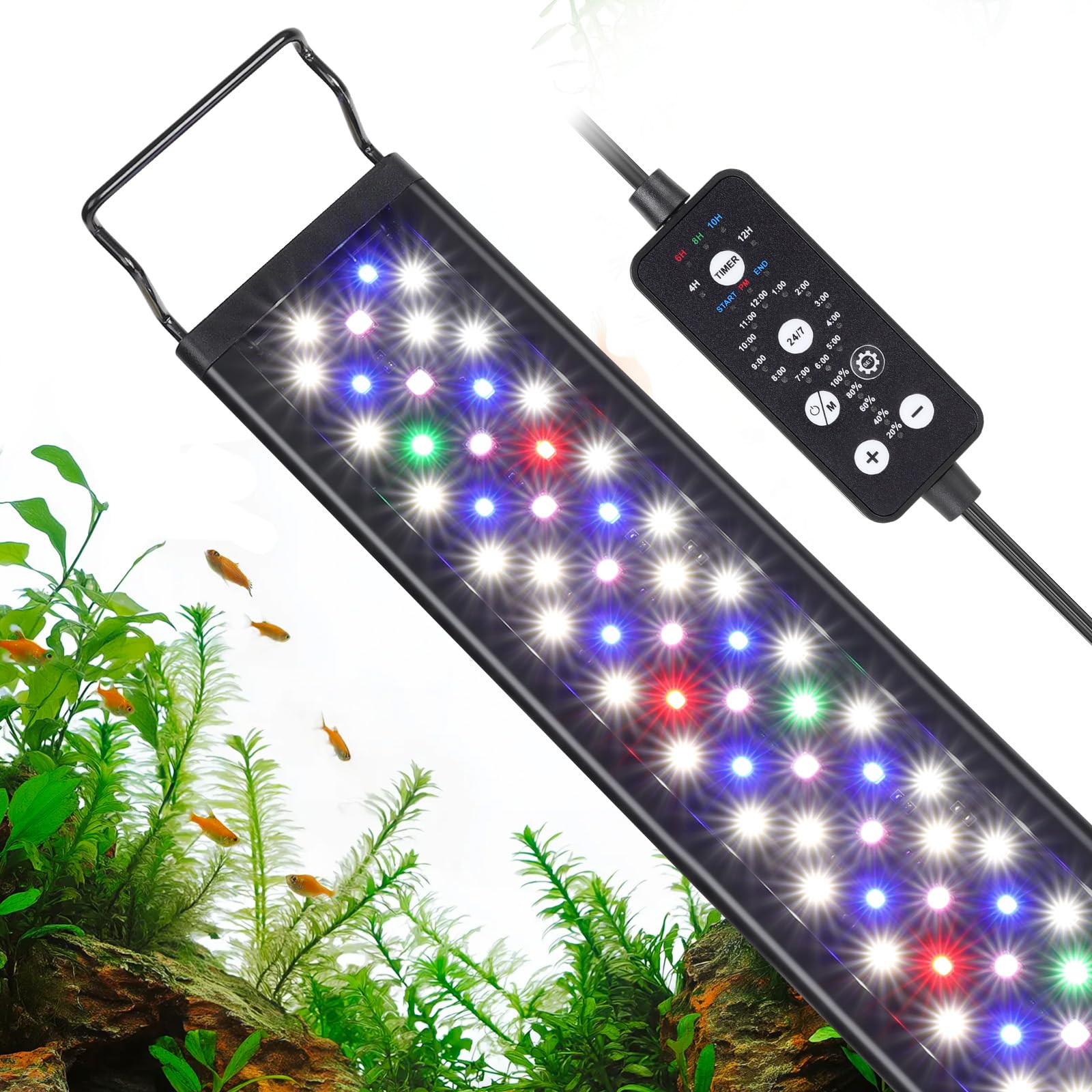 Hygger 18W LED aquarium light front view with extendable brackets for 18–24 inch tanks.