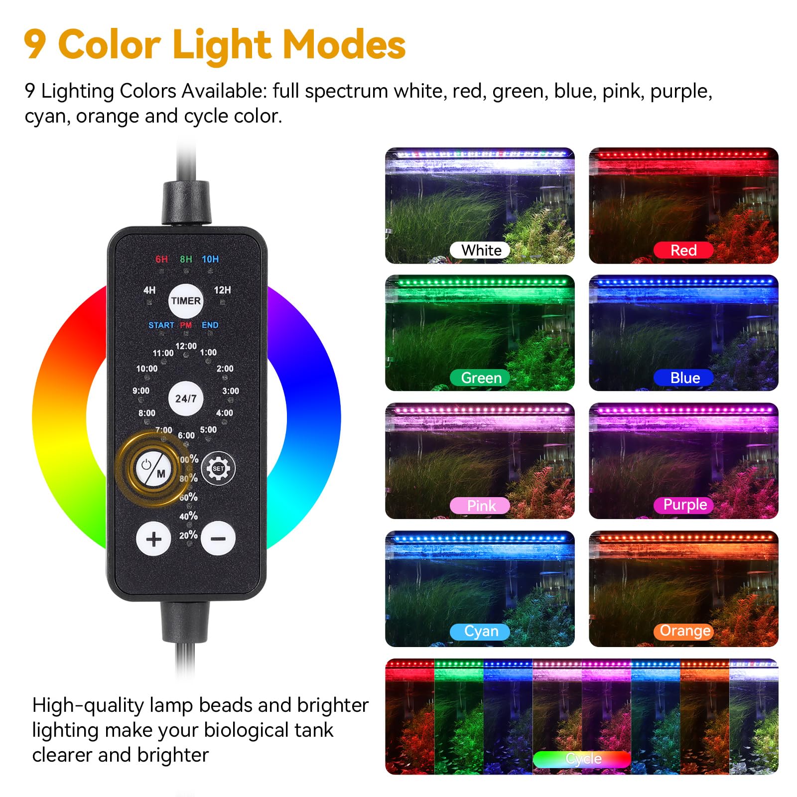 Hygger 18W LED light showing sunrise to sunset mode for natural daily cycle.