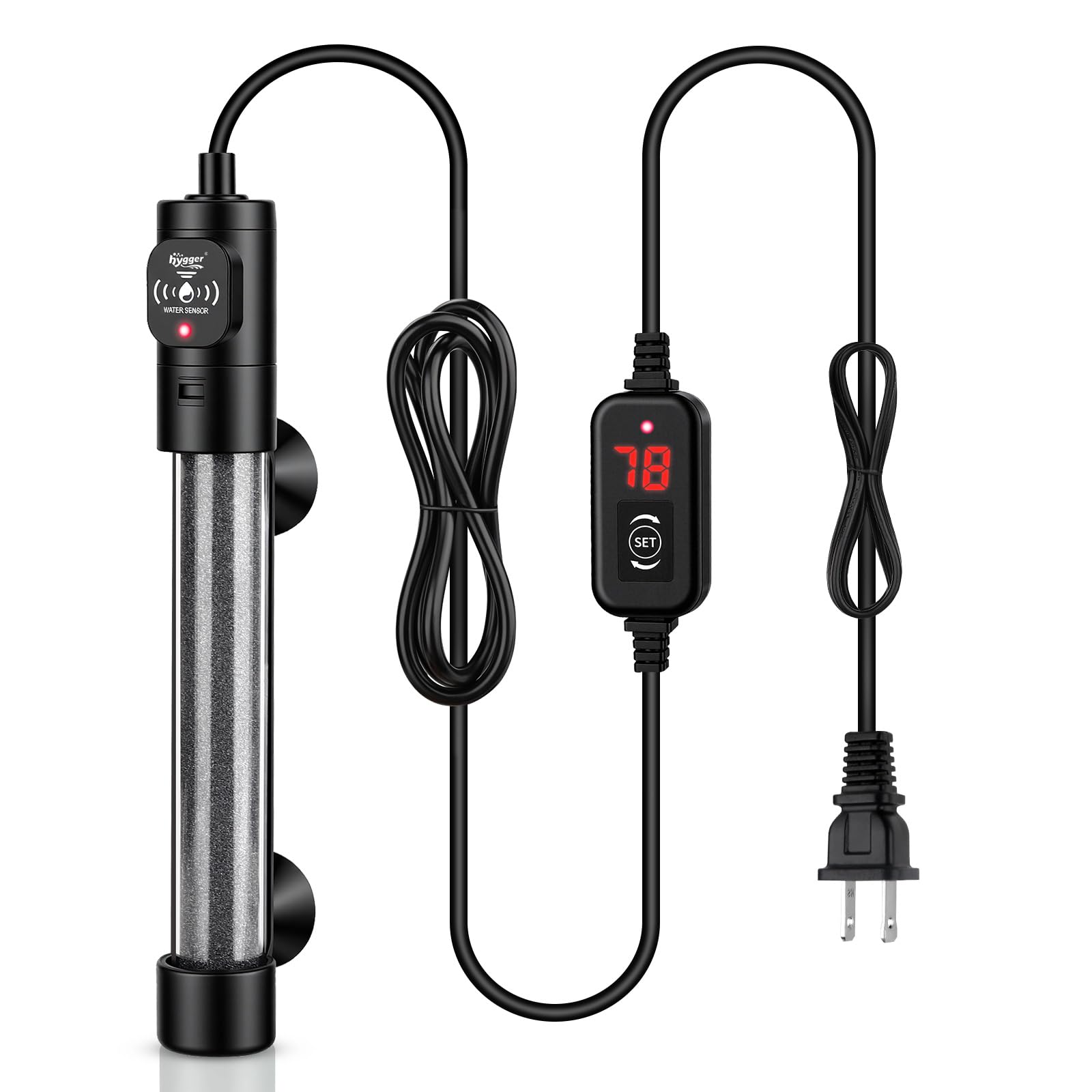 Hygger 200W submersible heater front view with digital controller for precise temp control.