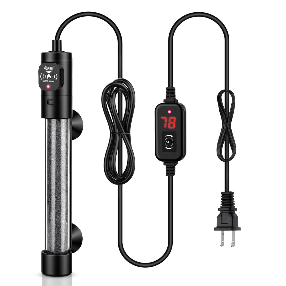 Hygger 200W submersible heater front view with digital controller for precise temp control.