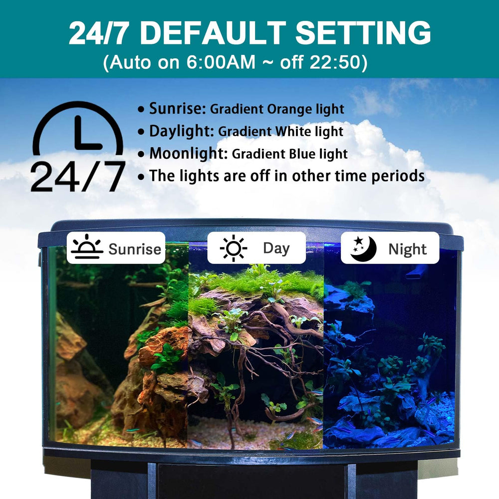 Hygger 24/7 mode light provides daylight white beam for vibrant daytime viewing.