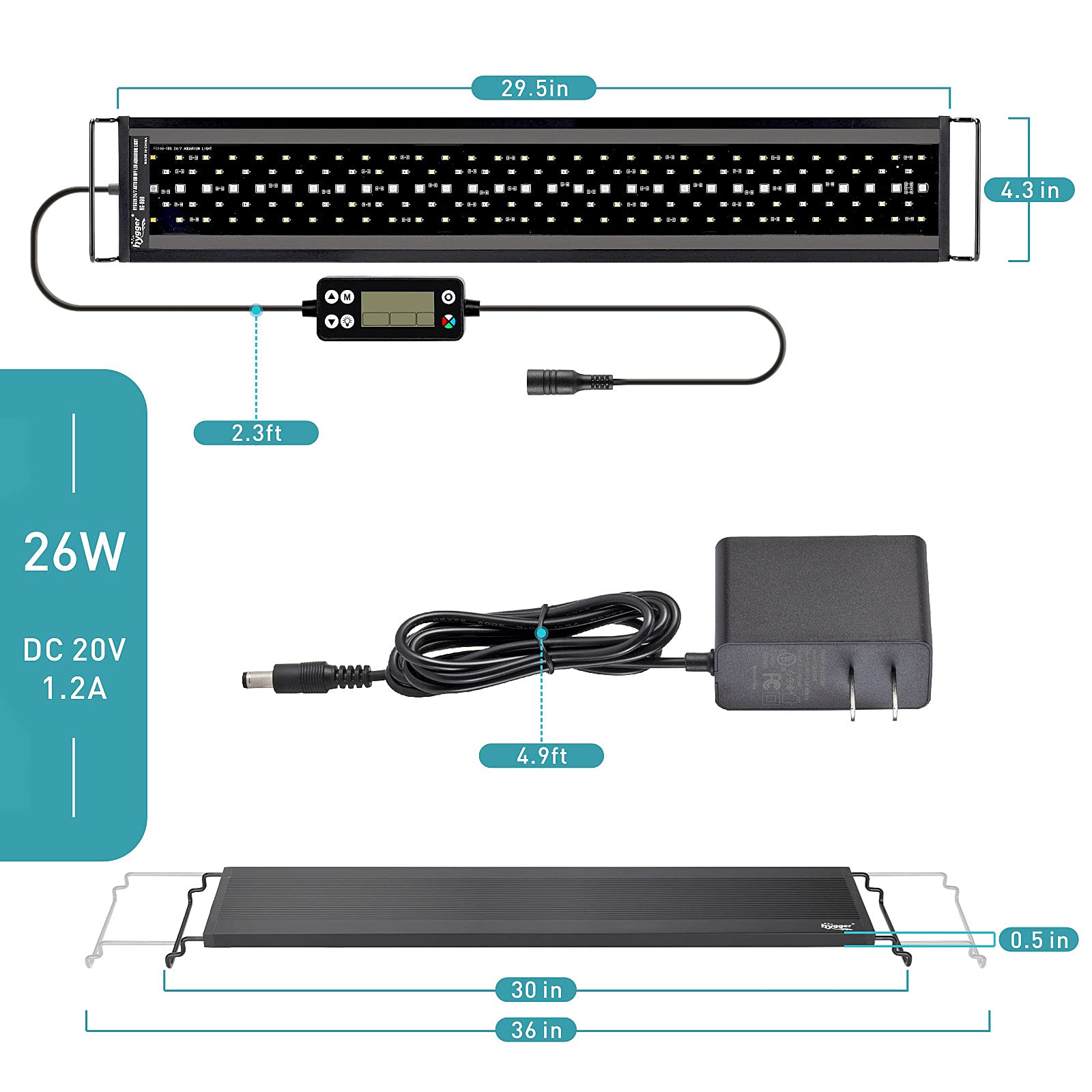 hygger 26w aquarium light delivers 63 white, 9 red, 6 green, 26 blue, 26 rgb beads.