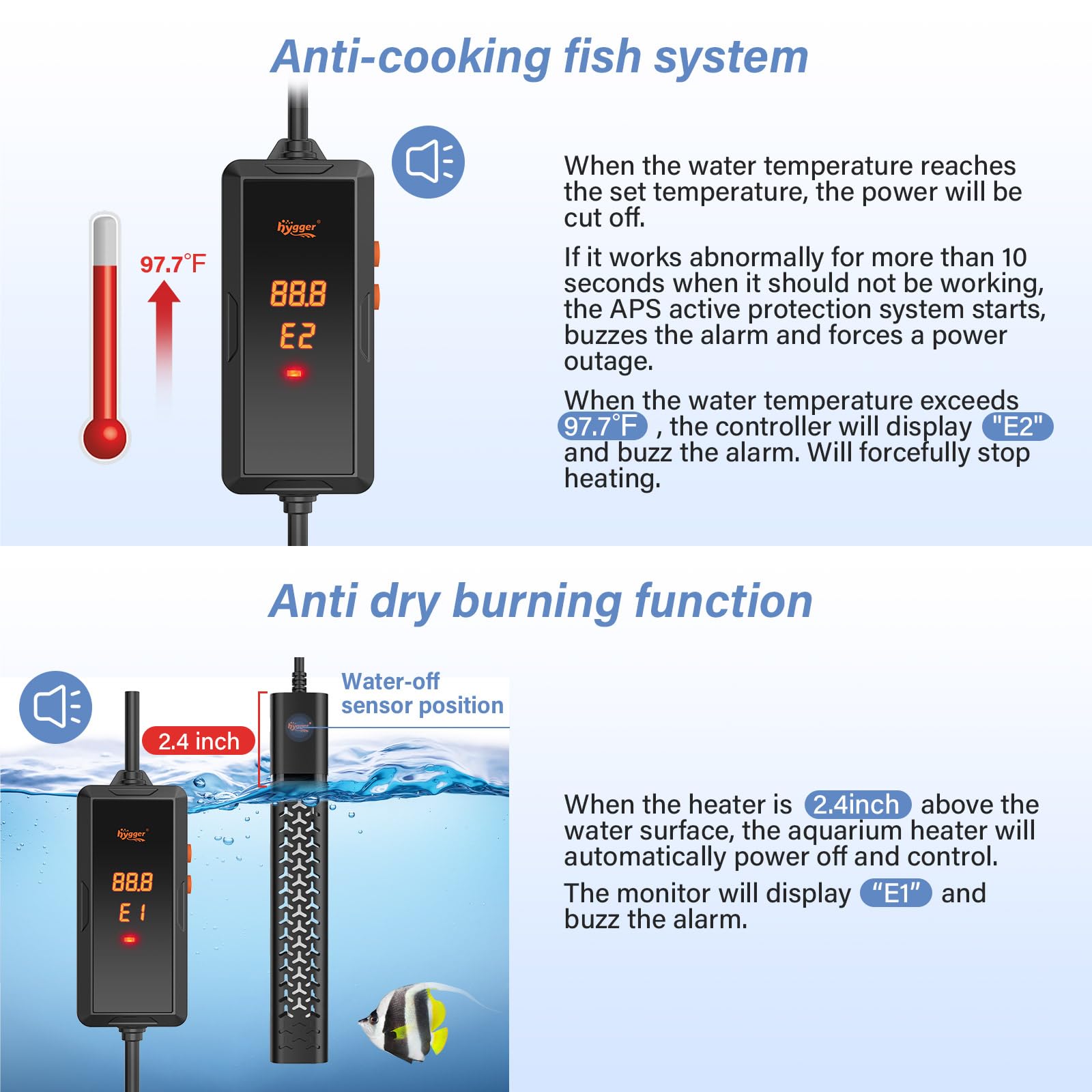 Hygger 300W heater with side probe prevents dry burning.