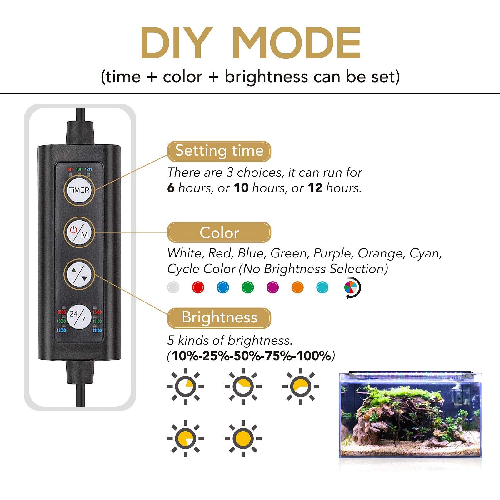 Hygger 36W LED daylight mode for crisp plant colors in the aquascape