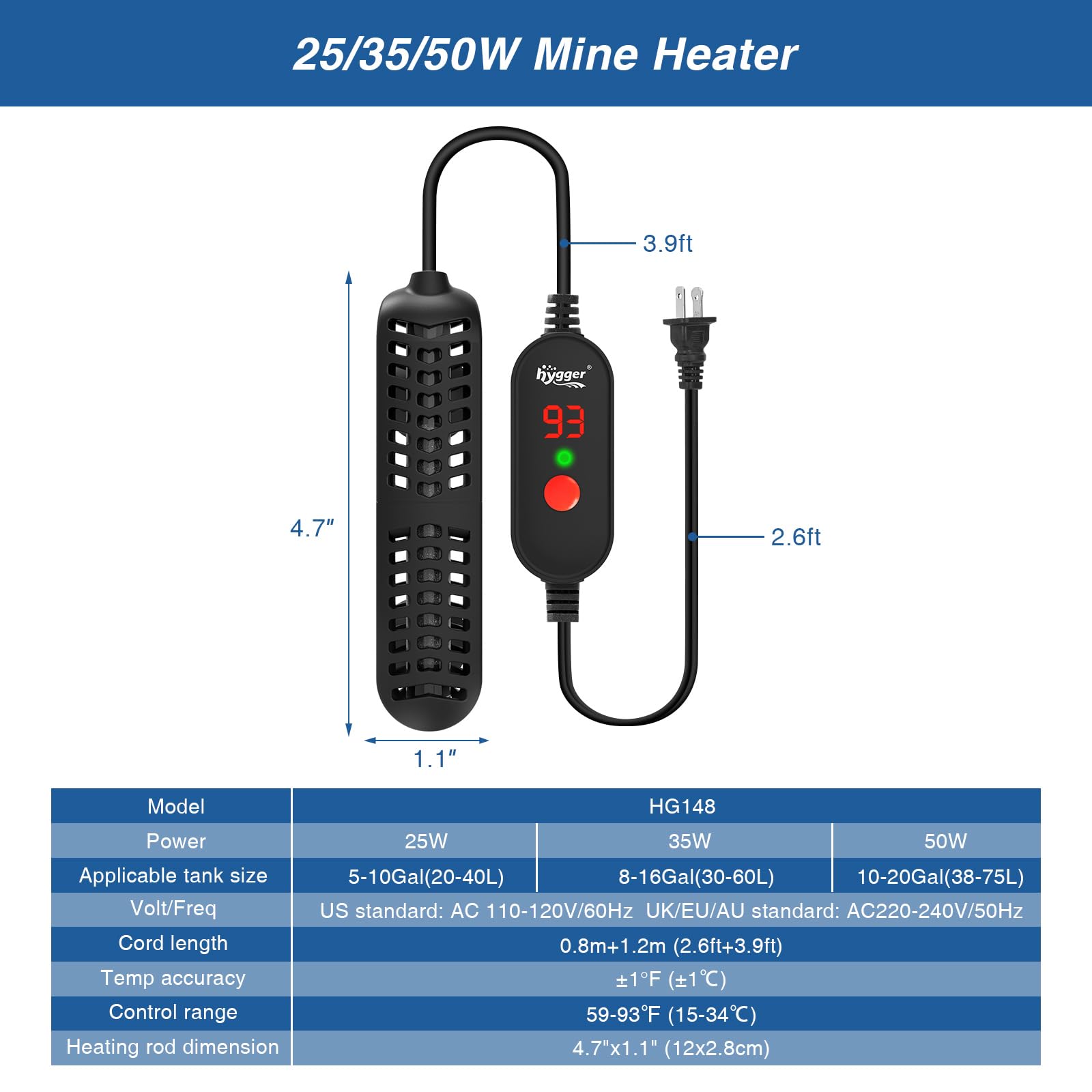 Hygger 50W heater durable ABS shell for reliable use