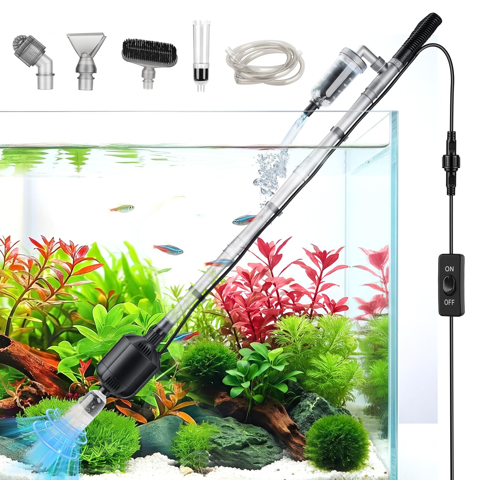 Hygger 5-in-1 cleaner in action for debris removal and water change.
