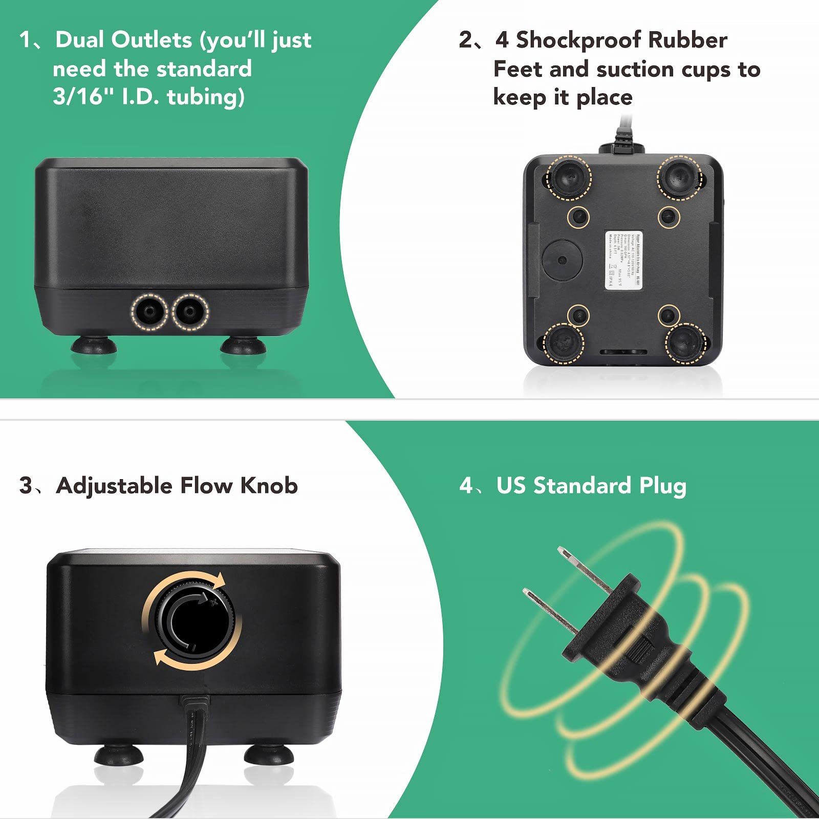 hygger 5W air pump with control knob enables adjustable flow