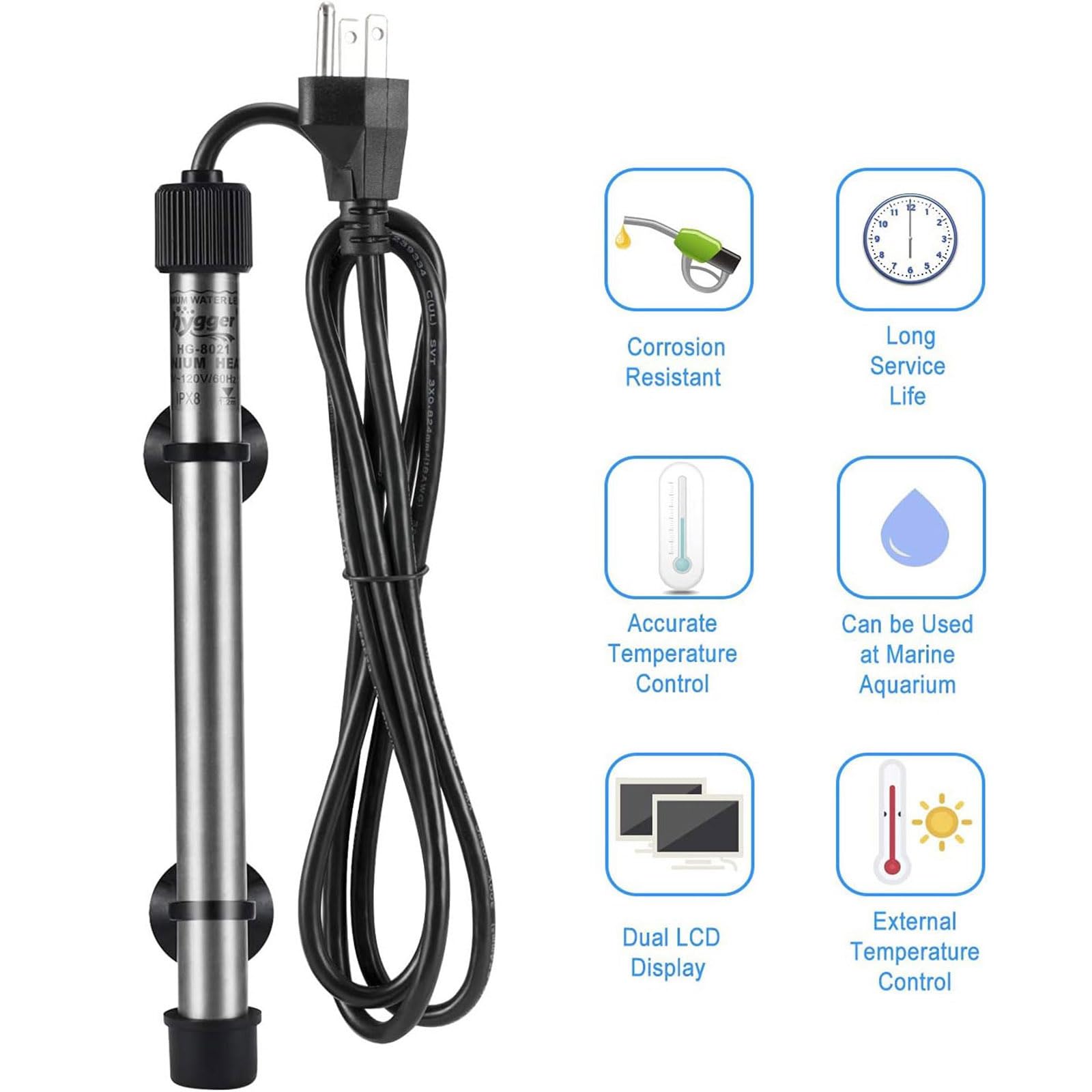 hygger 802 titanium heater rod mounted with suction cups for secure underwater installation.