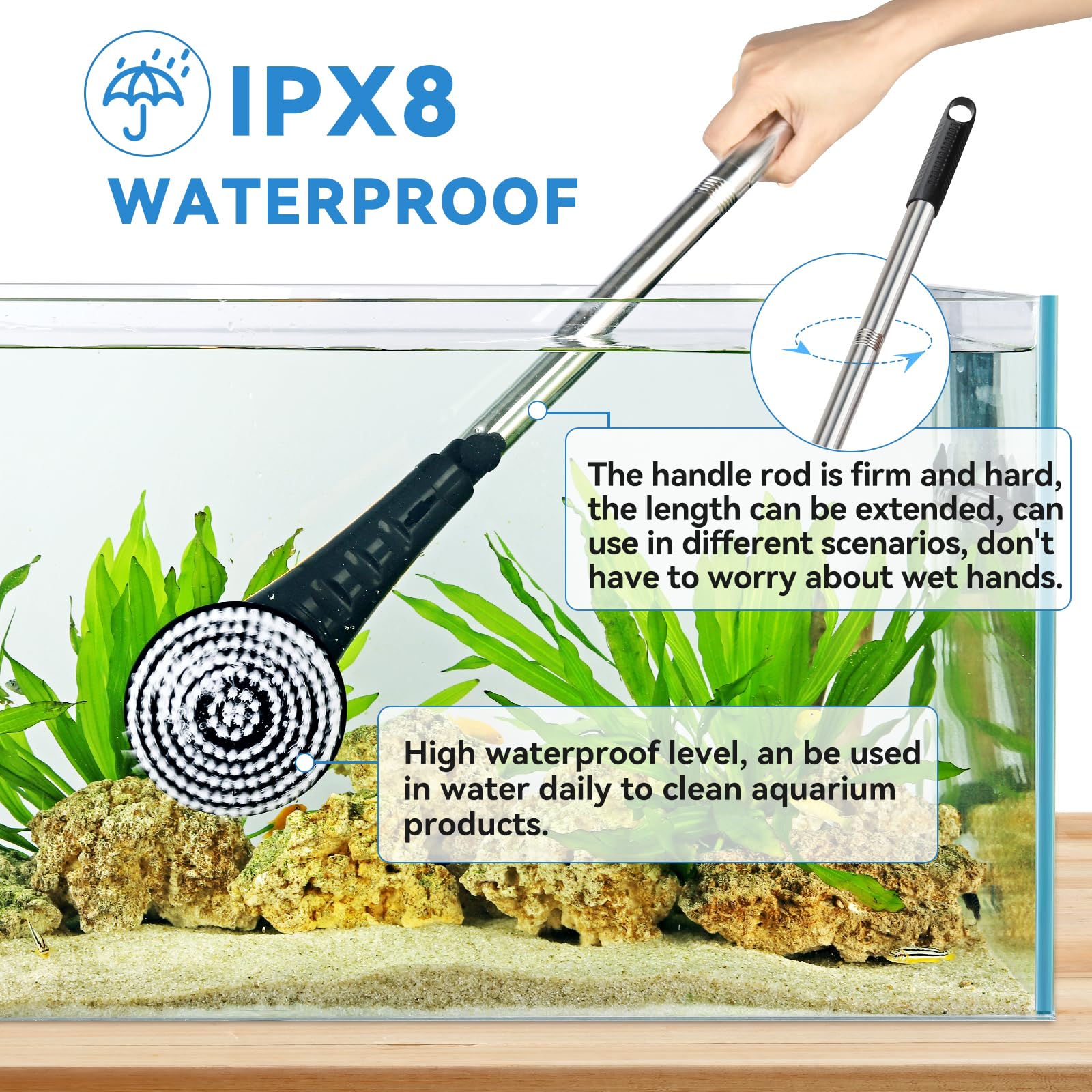 Adjustable handle extended to reach deep corners without wet hands.