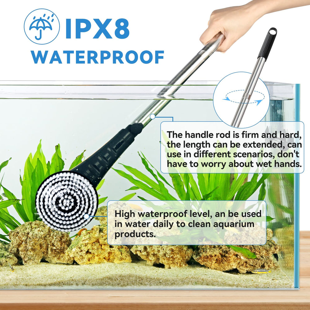 Adjustable handle extended to reach deep corners without wet hands.
