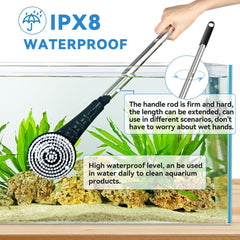Adjustable handle extended to reach deep corners without wet hands.