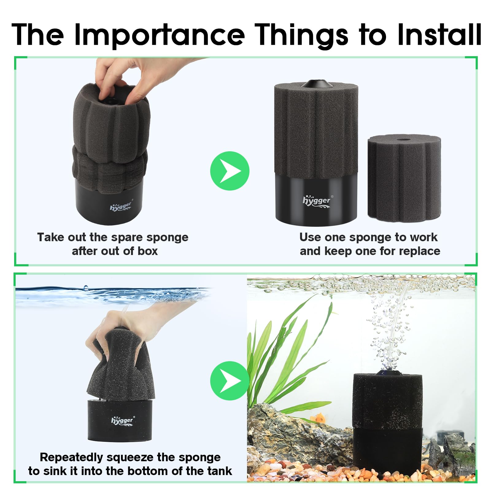 Hygger sponge filter connected to air pump and rising bubbles
