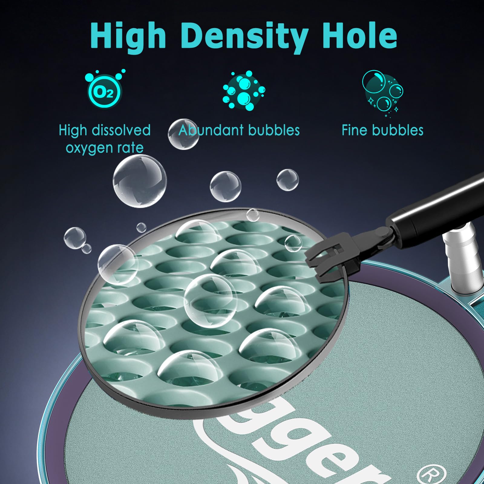 Hygger air stone close-up shows nano micropore bubbles for efficient aeration.