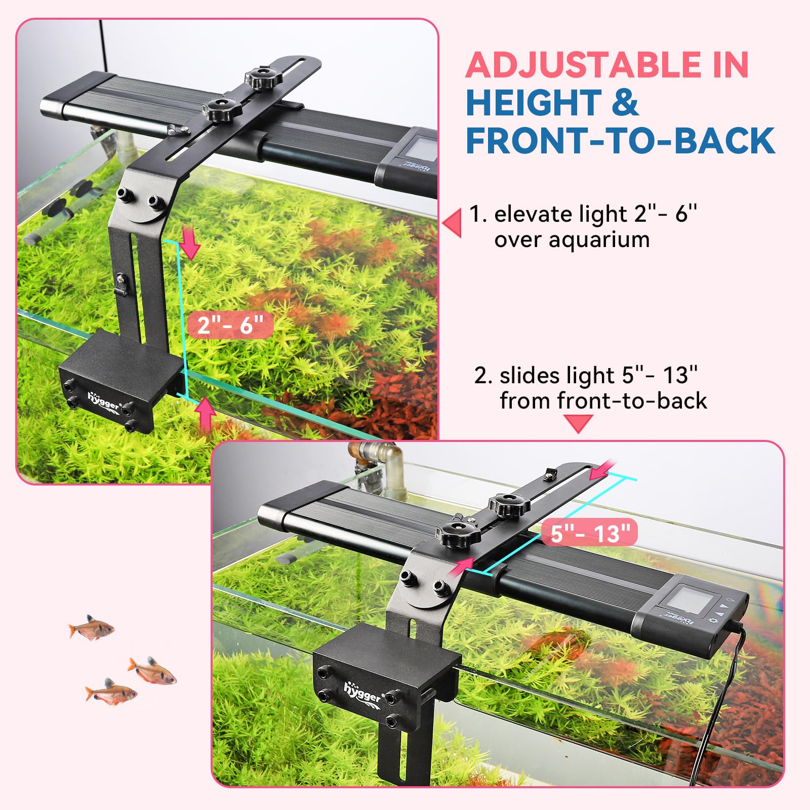 Hygger aluminum mount is corrosion-resistant with a black frosted coating for humid aquatic environments.