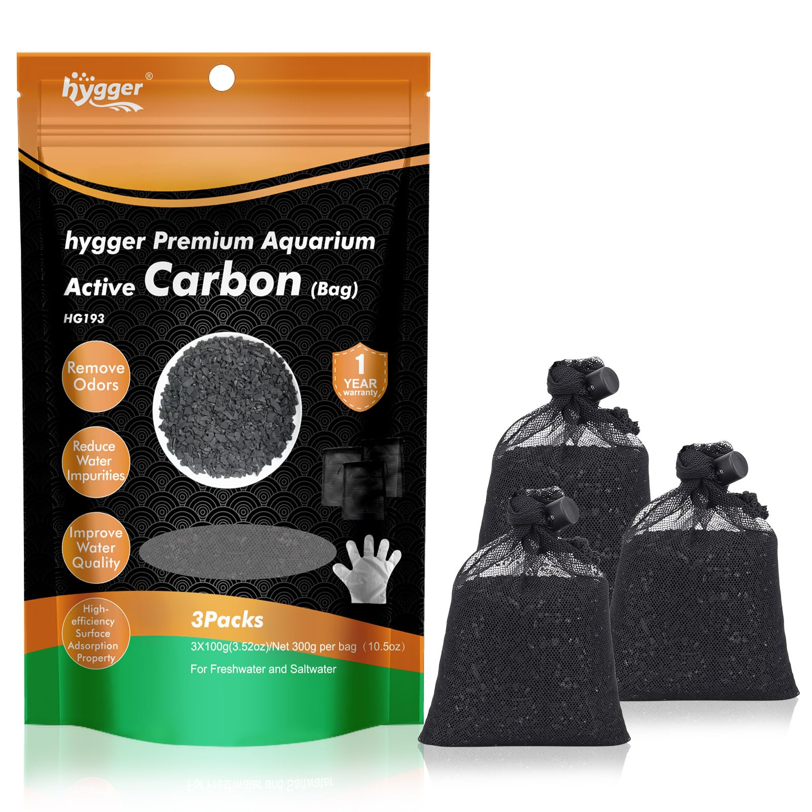 Hygger aquarium activated carbon pack enhances filtration with premium coconut shell charcoal.
