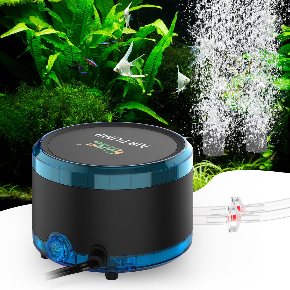 Hygger dual-outlet air pump delivering powerful aeration for large tanks up to 200 gallons