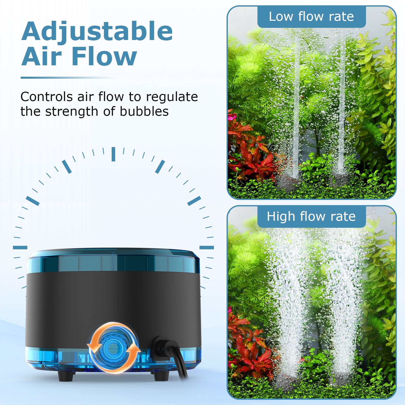 hygger aquarium air pump dual outlet close-up showing sturdy outlets for multi-tank use.