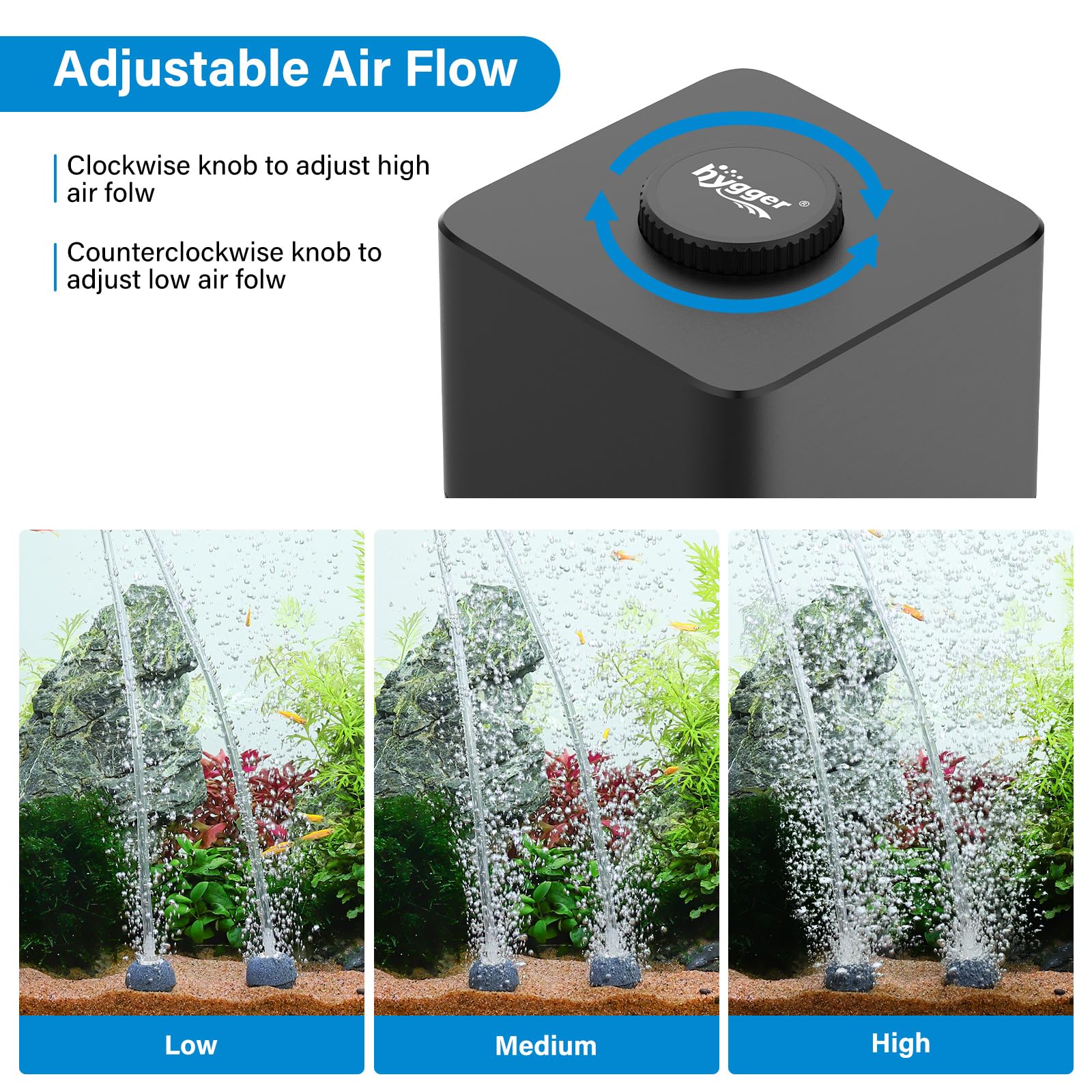Hygger aquarium air pump with dual outlet stainless steel design for durable tank aeration.