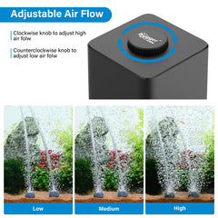 Hygger aquarium air pump with dual outlet stainless steel design for durable tank aeration.