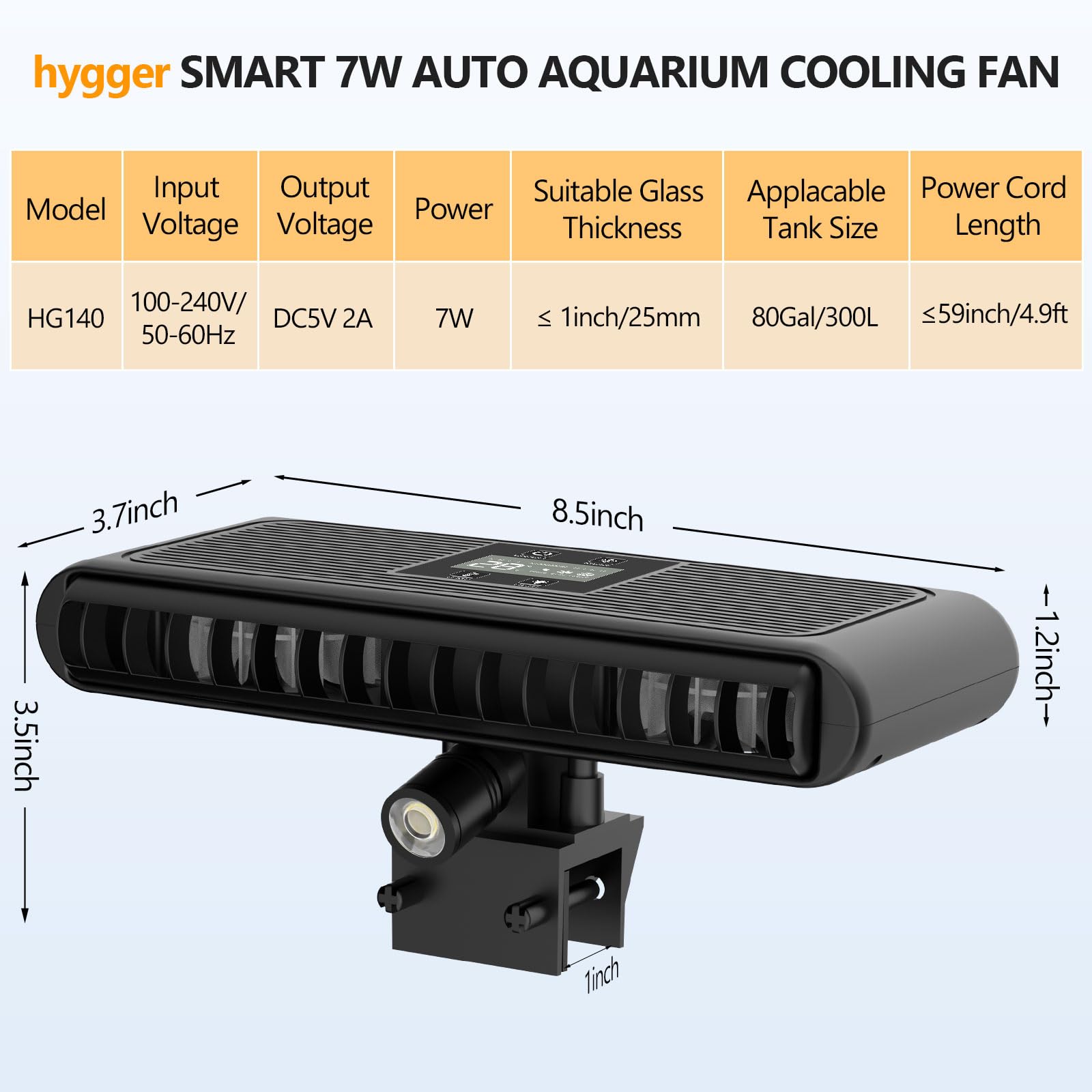 Hygger Aquarium Chiller Fan clamp setup on tank wall up to 1 inch