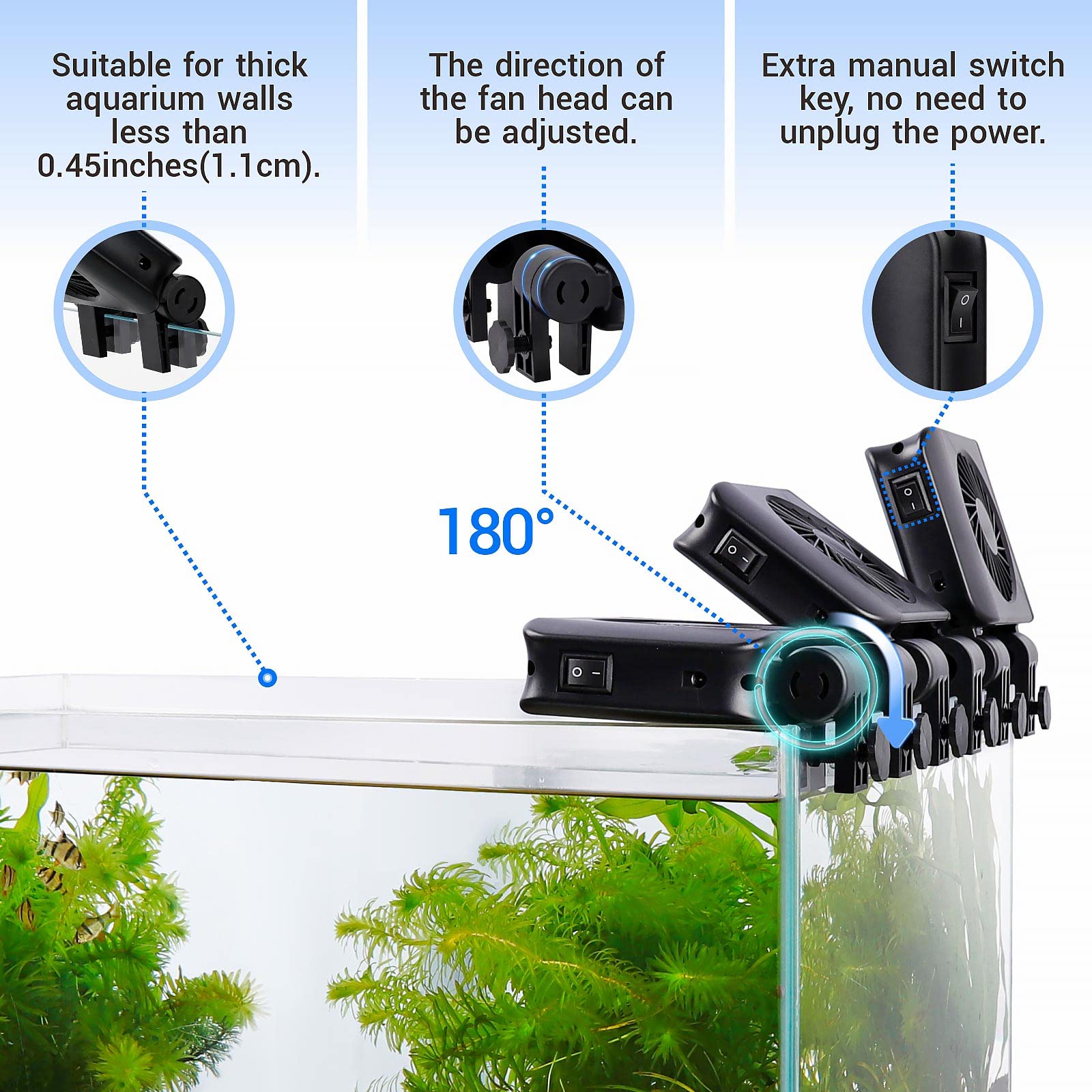 Hygger adjustable-angle fan heads directing air toward hotspots