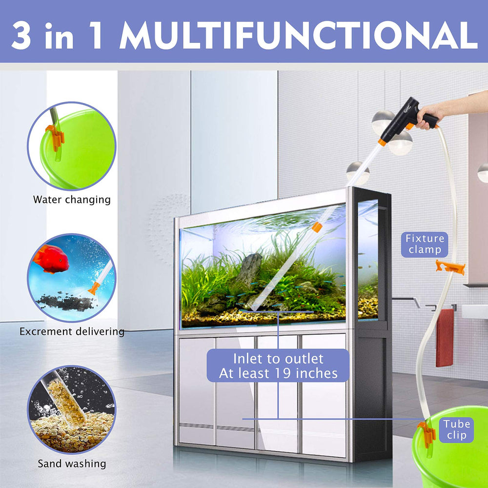 Hygger 3-in-1 design showing dirt suction, sand washing, and water change