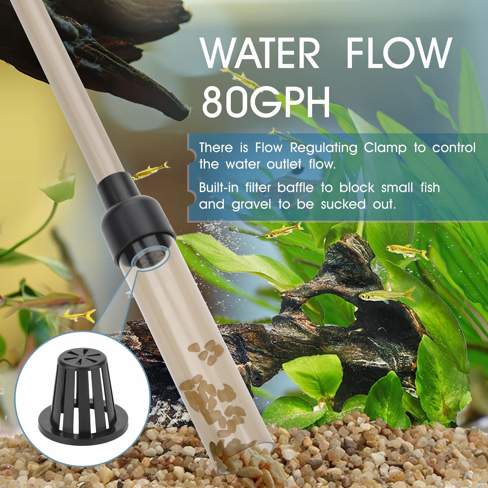 Hygger aquarium gravel cleaner with duckbill head for efficient debris removal.