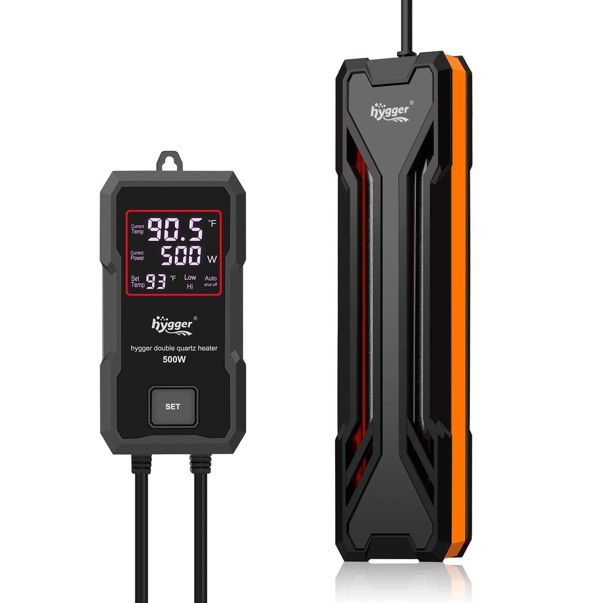 Hygger 500W aquarium heater with digital LED display shows current water temperature.