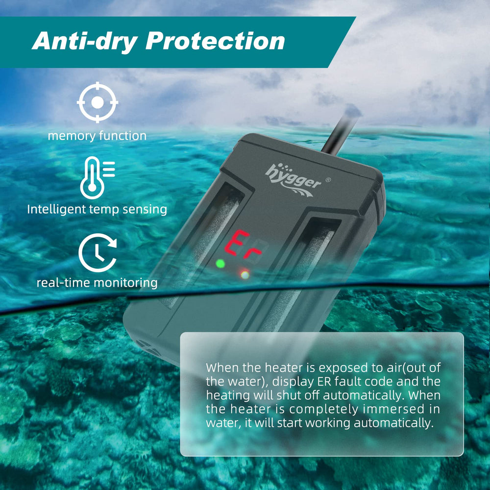 hygger heater features anti-dry protection to safeguard during low water