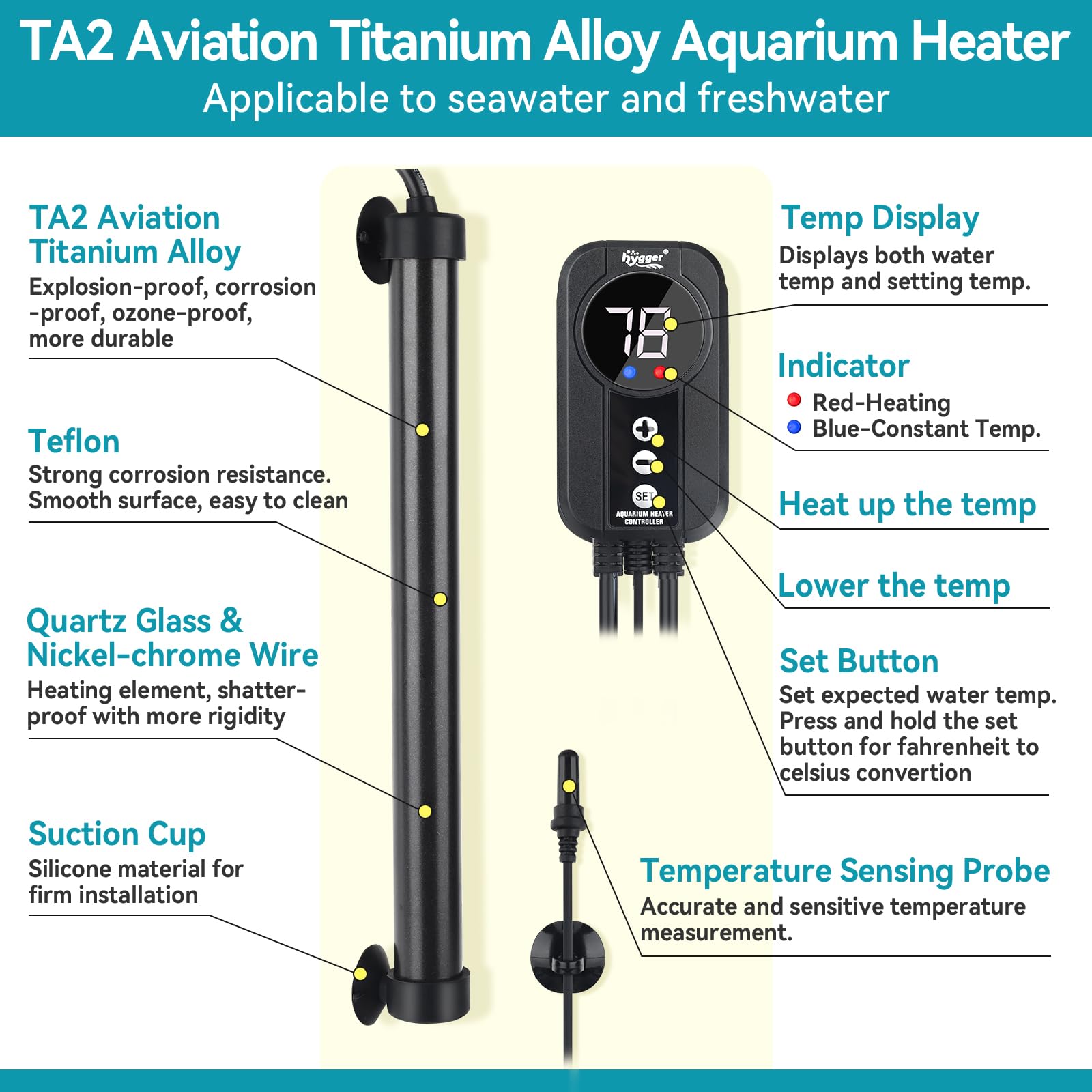 Hygger external temperature probe aids safe, convenient temperature monitoring.