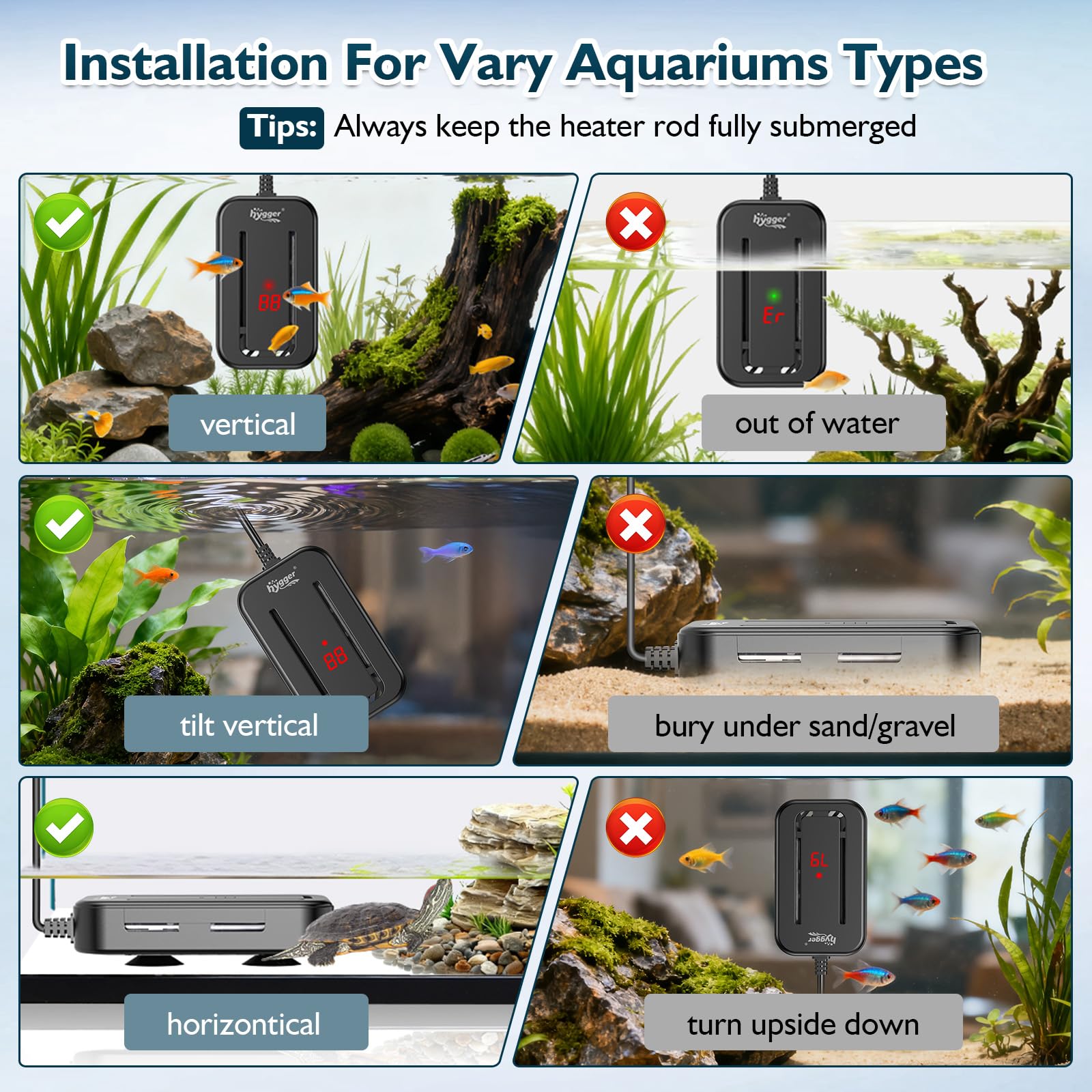 Hygger aquarium heater front view shows sleek design and clear controls.