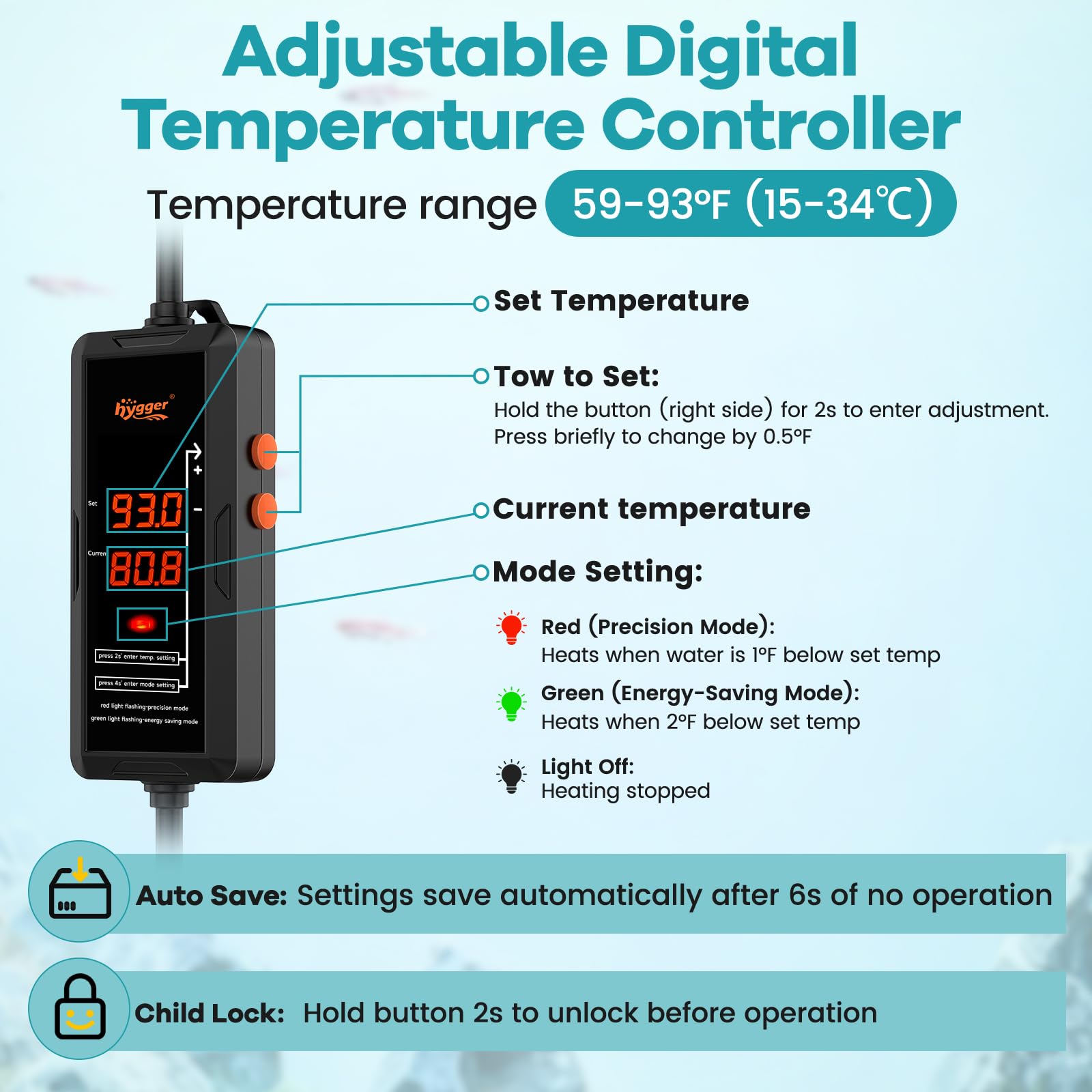 Hygger aquarium heater LED digital controller with precise temperature readout