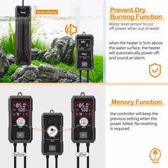 Hygger aquarium heater demonstrates water-level auto shut-off safety feature.