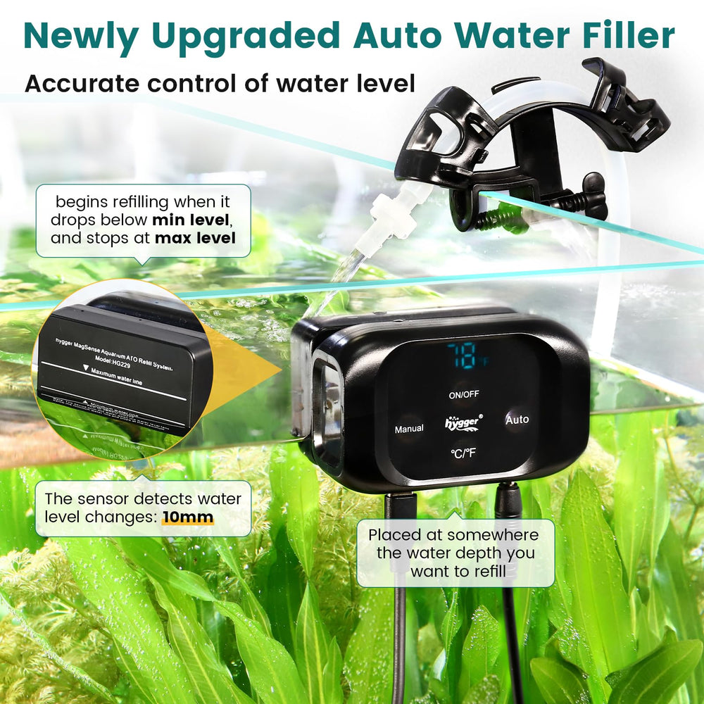 Hygger ATO magnetic mount on glass enables secure installation.