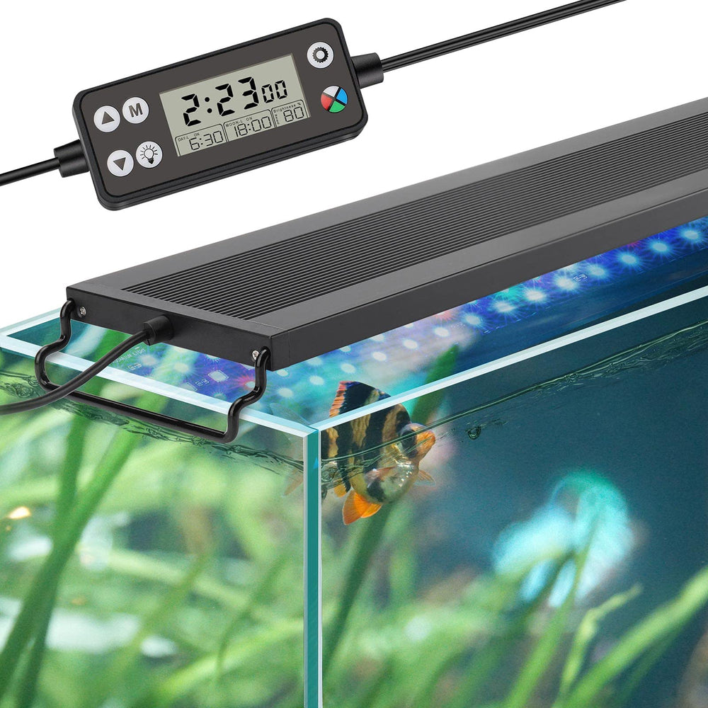 hygger Auto On Off LED aquarium light with front view and control panel for clarity