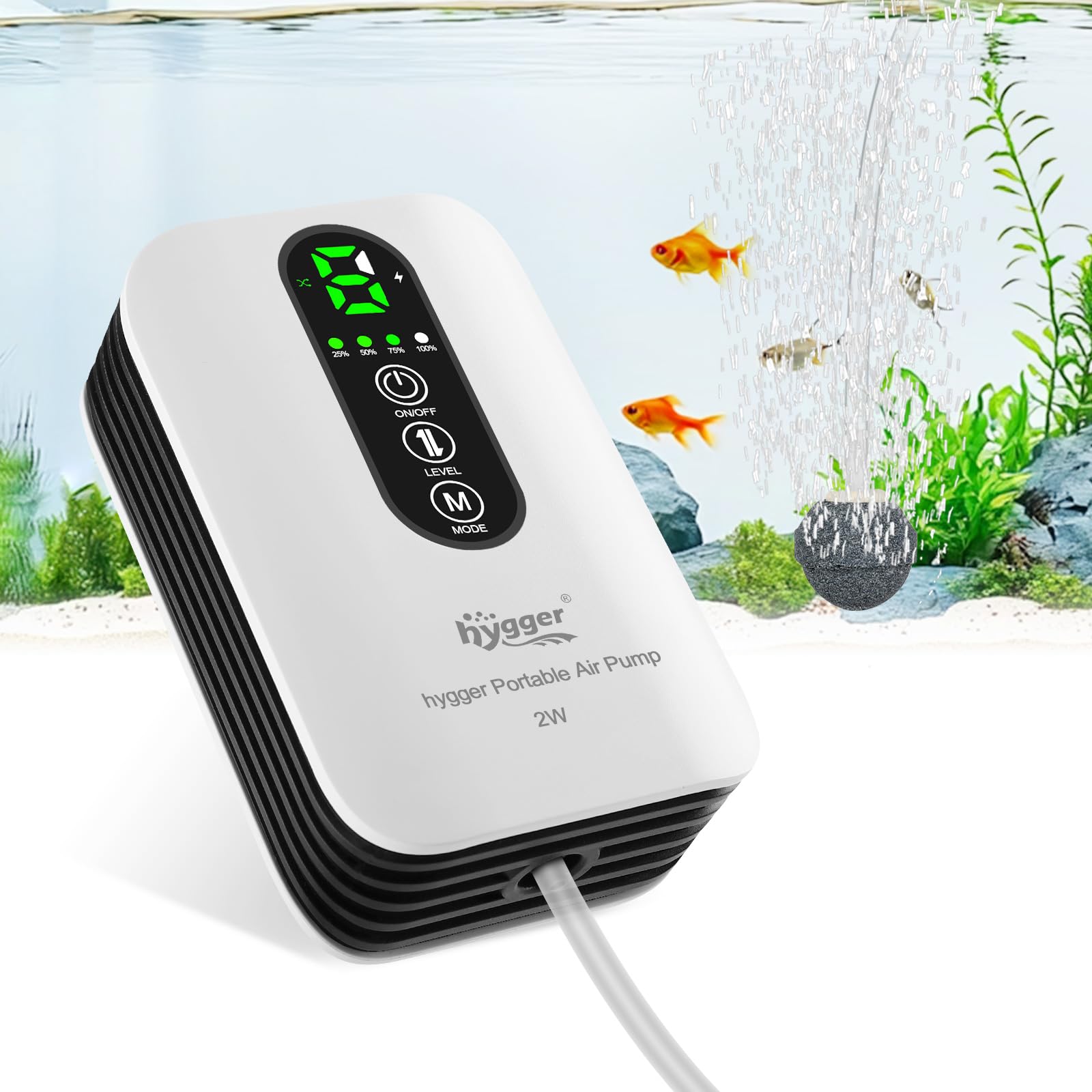 Hygger battery-powered air pump for bait bucket provides consistent aeration during fishing.