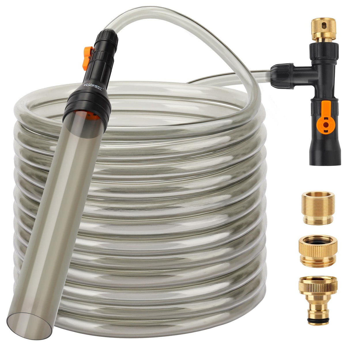 hygger bucket-free water change kit with metal faucet adapters for easy siphoning.