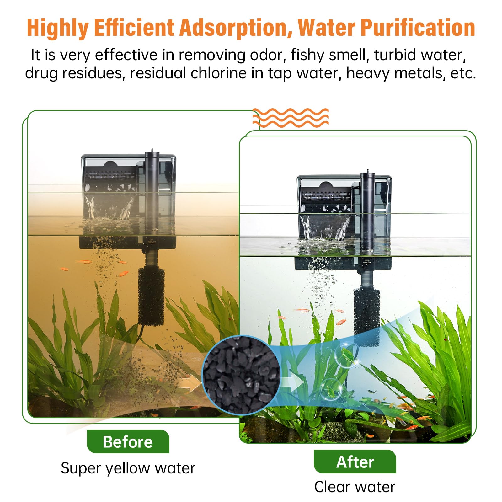 Hygger carbon purification in aquarium image suggests clearer, healthier water.
