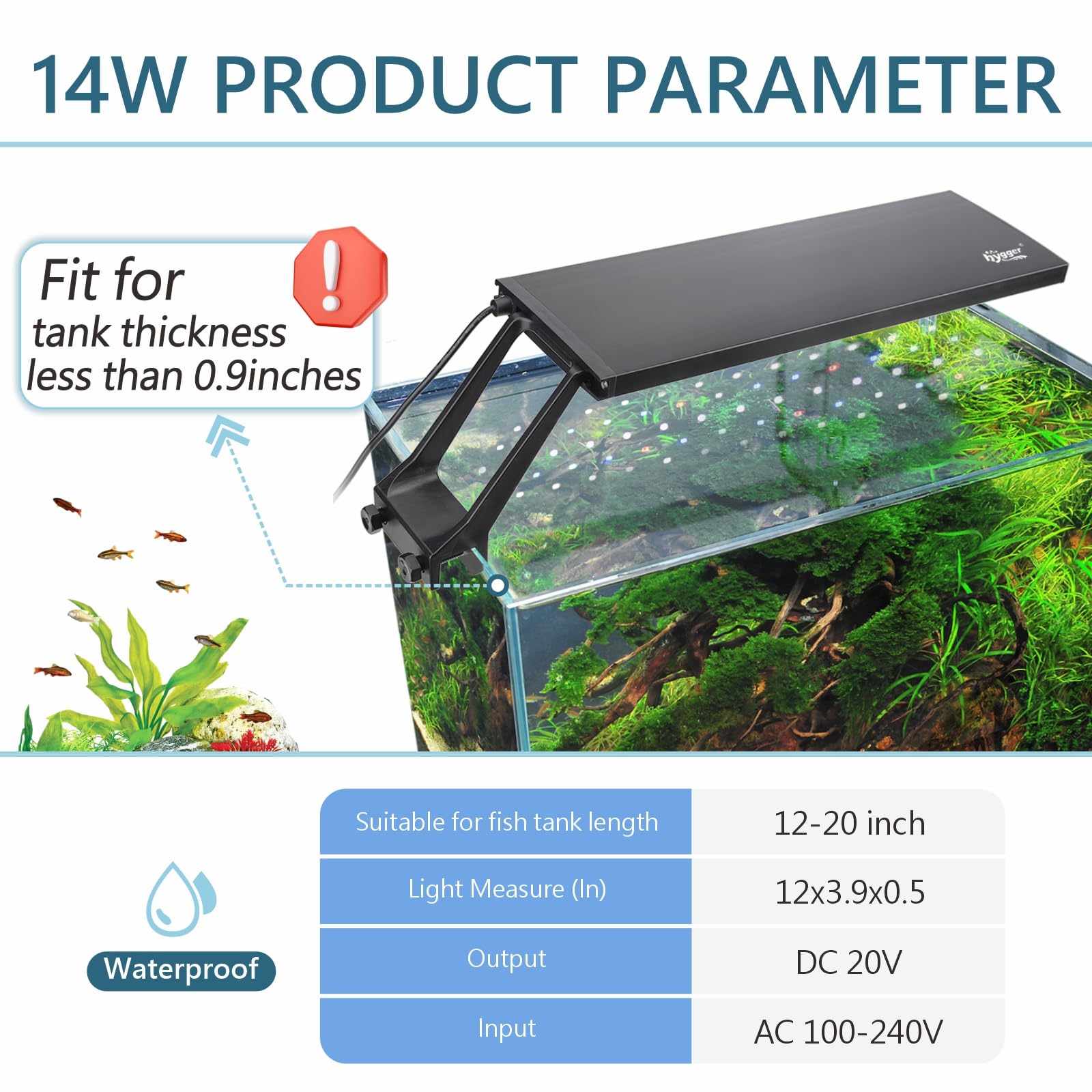 Hygger clip-on bracket fits glass up to 0.9 inches.