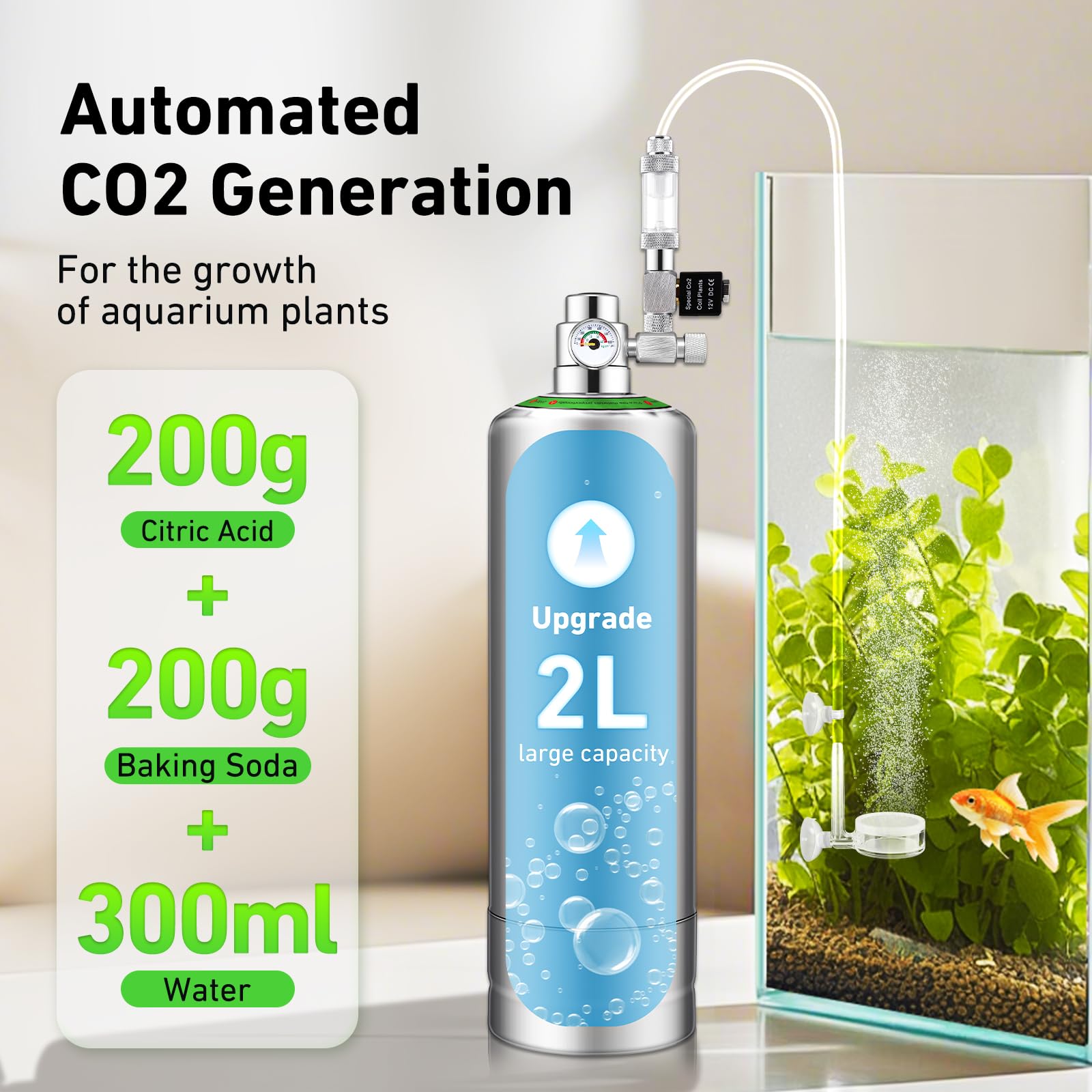Hygger CO2 2L bottle with needle valve enabling fine adjustment of CO2 delivery.