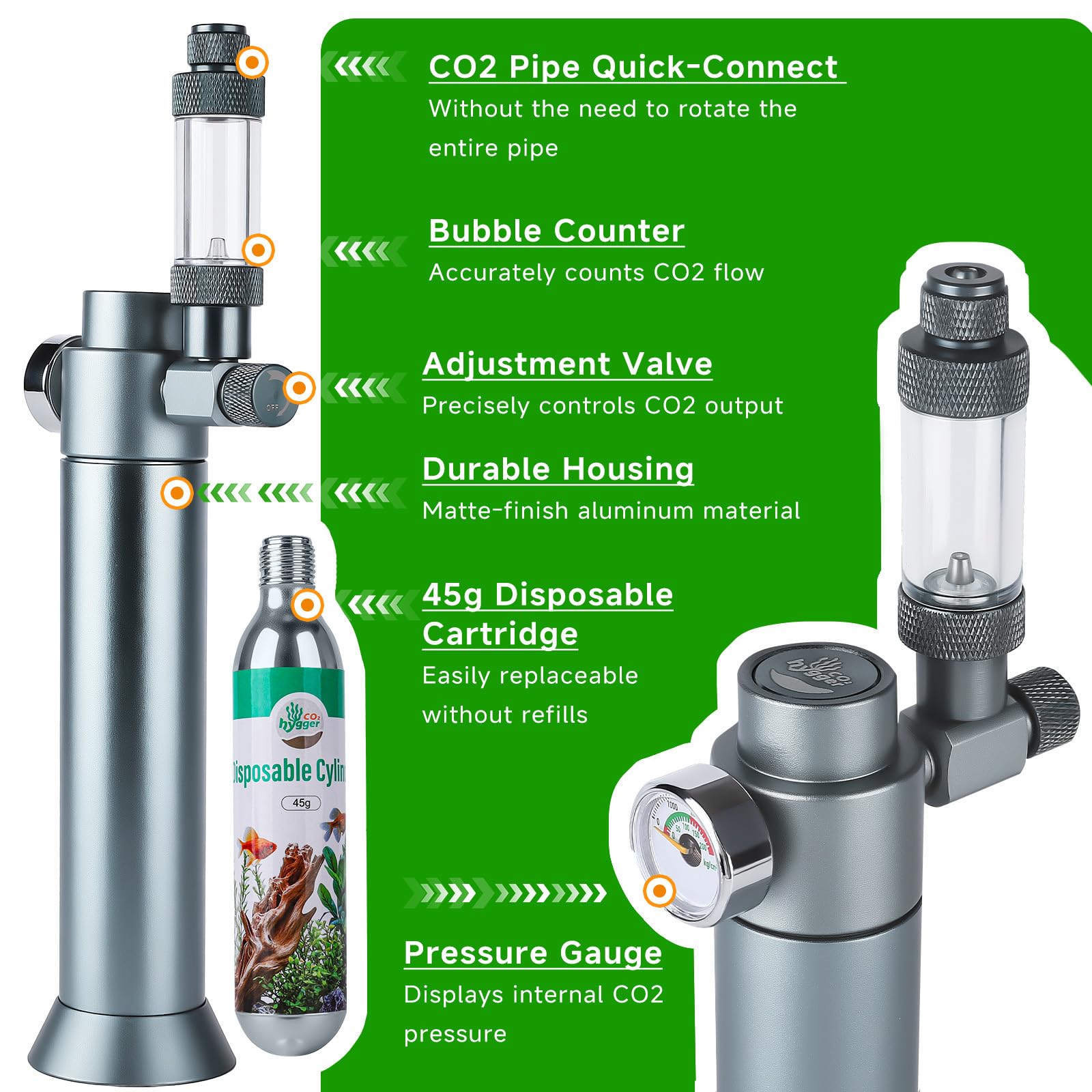 Hygger CO2 45g cartridge in use delivering steady CO2 flow.