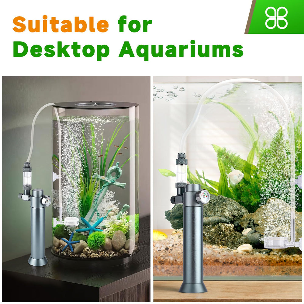 Hygger CO2 desktop setup on a clean desk beside an aquarium.