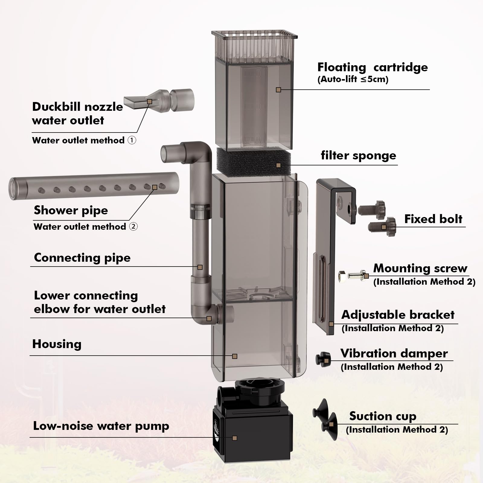 Hygger CO2 Surface Skimmer auto-adjusting float maintains performance as water level changes.