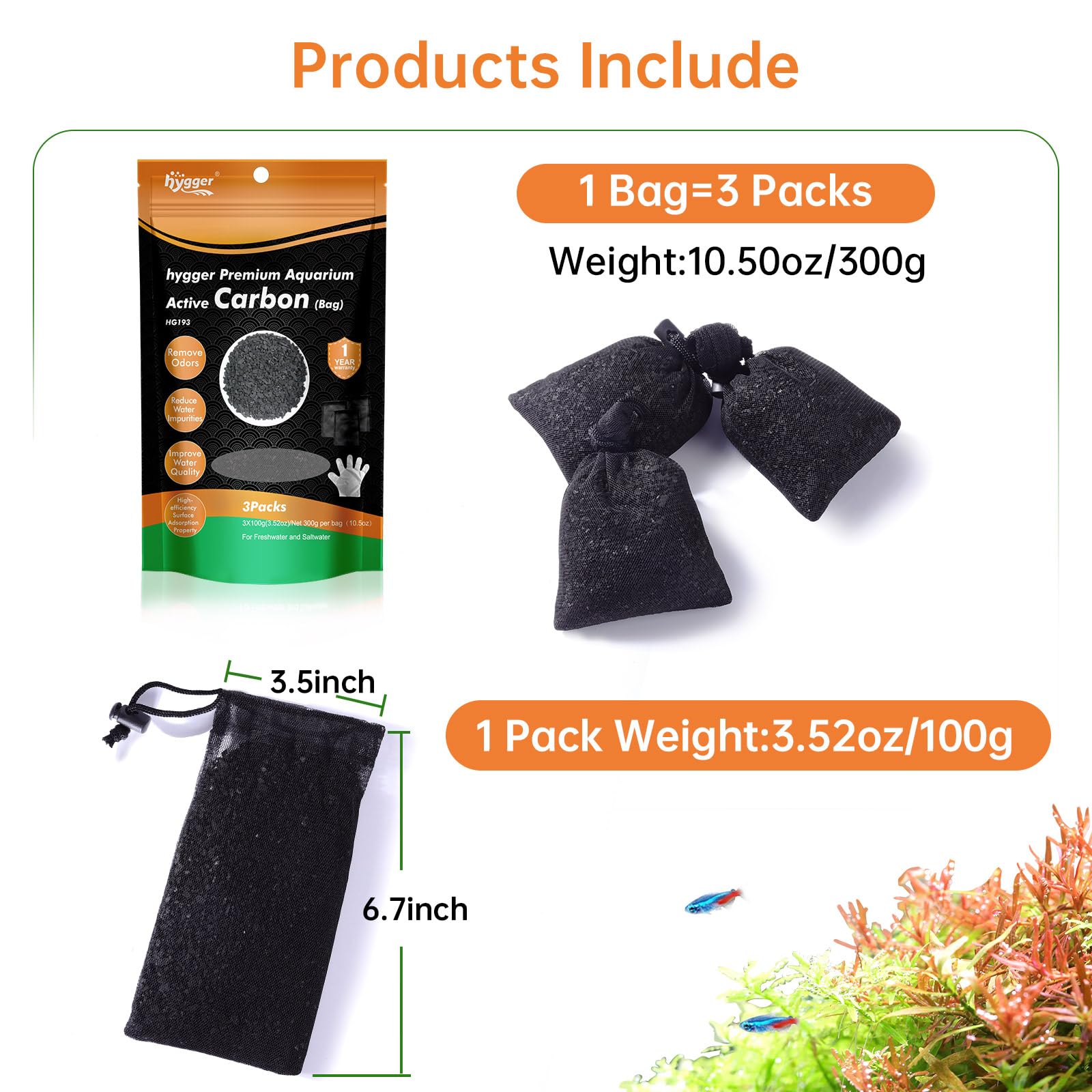 Hygger coconut shell carbon removes odors for a fresher tank environment.