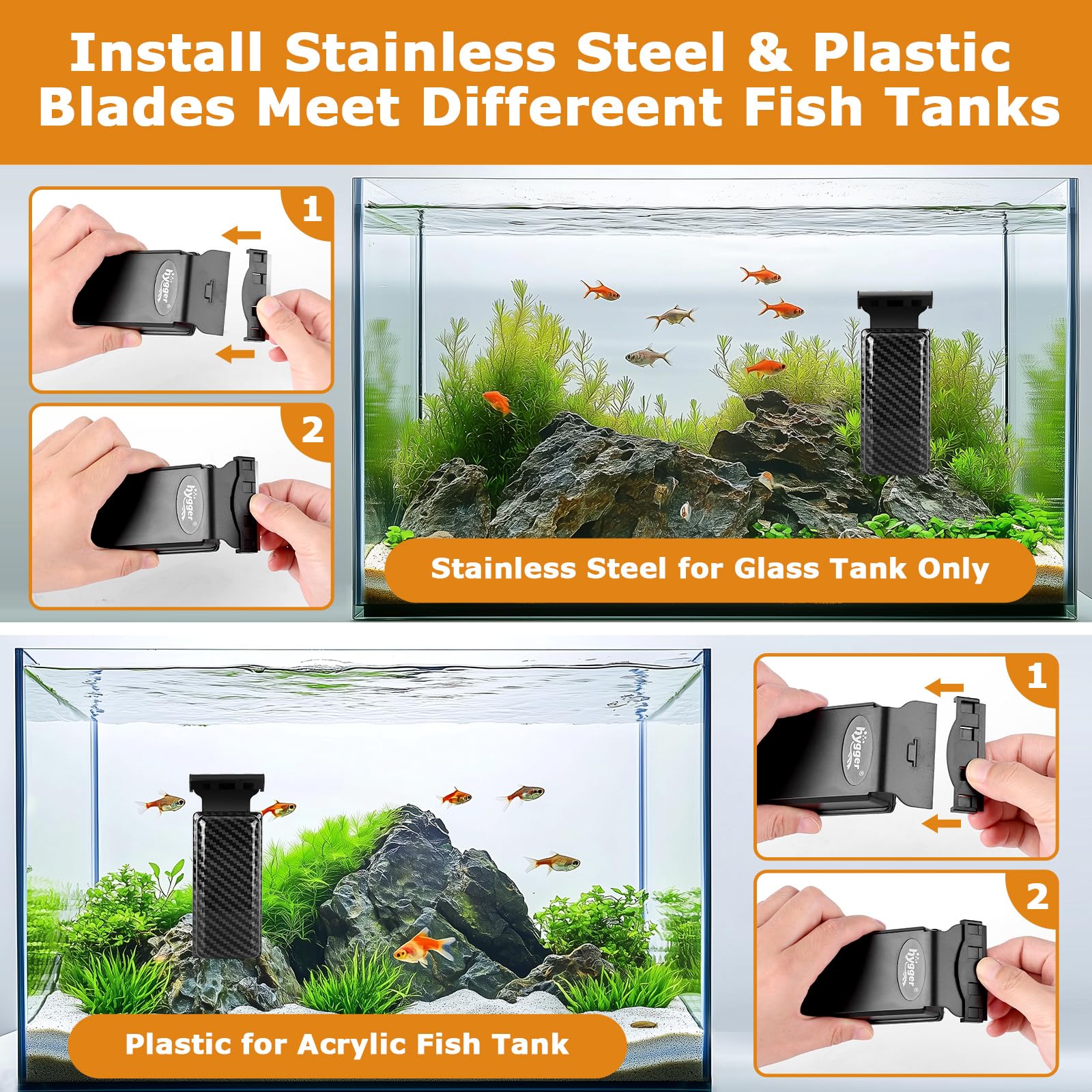 hygger detachable stainless steel blade removes hard deposits on glass