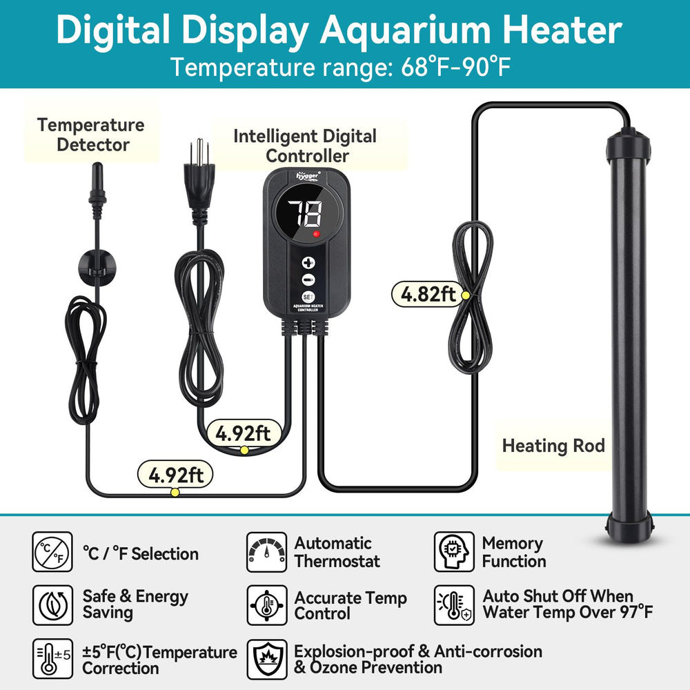 Hygger digital controller display for easy current and set temperature viewing