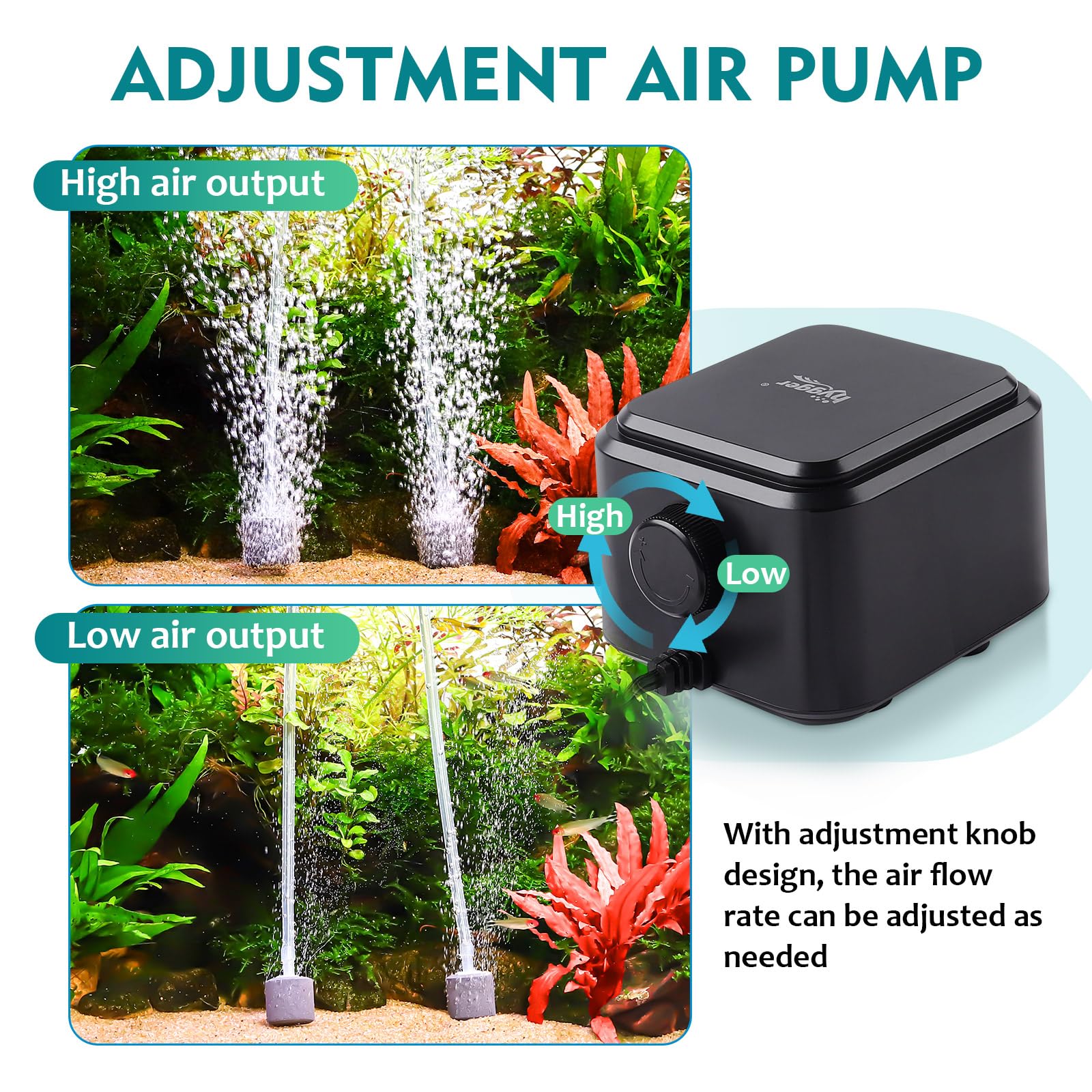hygger Double-outlet aerator bubbles enable even circulation across the tank