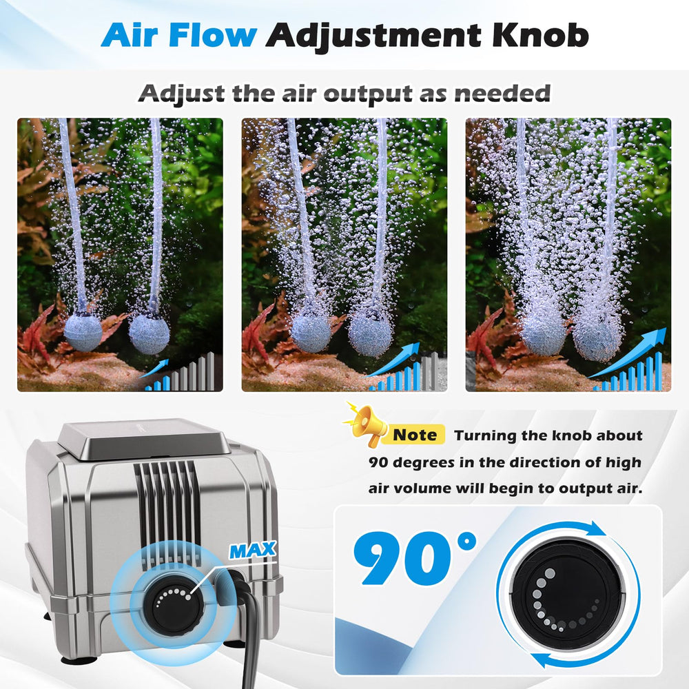 Hygger dual-outlet aquarium pump evenly distributes air to two tanks.